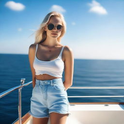 A blonde girl standing on a boat, gazing seductively at the camera