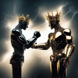 Two different hands, one human and one robotic, are shown fighting over an empty crown