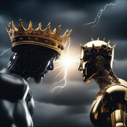 Two different hands, one human and one robotic, are shown fighting over an empty crown