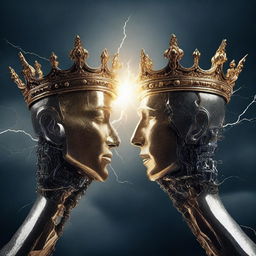 Two different hands, one human and one robotic, are shown fighting over an empty crown