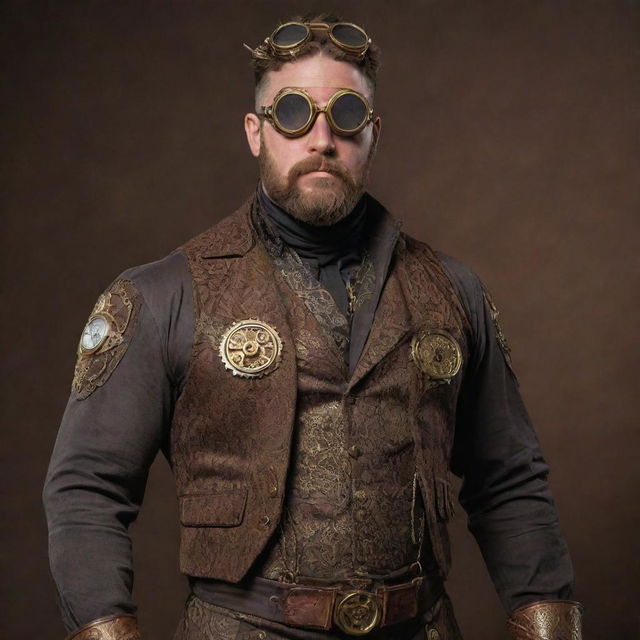 A burly, muscular man dressed in intricate steampunk attire, complete with brass goggles, gears, and Victorian era influenced clothing.