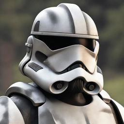 A clone trooper from the 104th Battalion wearing a helmet that is painted in gray to resemble burn marks