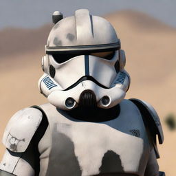 A clone trooper from the 104th Battalion wearing a helmet that is painted in gray to resemble burn marks