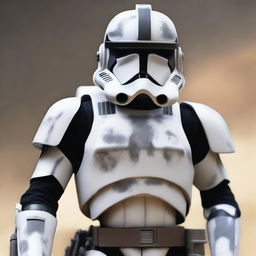 A clone trooper from the 104th Battalion wearing a helmet that is painted in gray to resemble burn marks