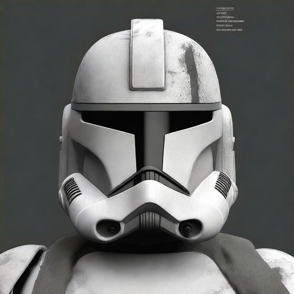 A clone trooper from the 104th Battalion wearing a helmet that is painted in gray to resemble burn marks