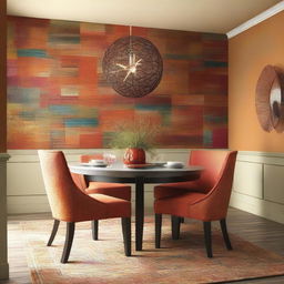 A beautifully designed dining room wall with intricate texturization and vibrant colors