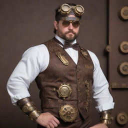 A burly, muscular man dressed in intricate steampunk attire, complete with brass goggles, gears, and Victorian era influenced clothing.