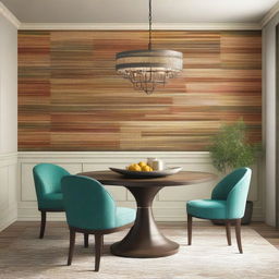 A beautifully designed dining room wall with intricate texturization and vibrant colors