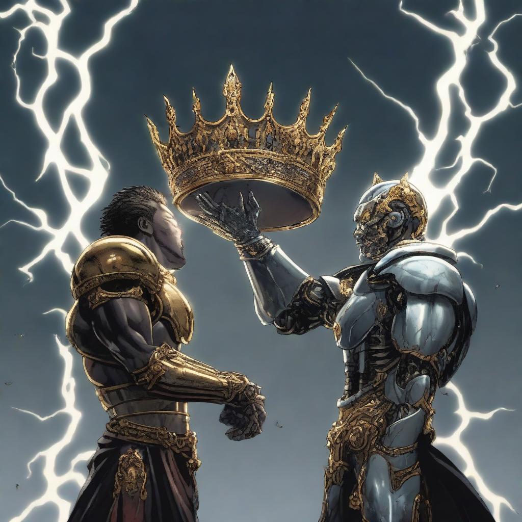 Two different hands, one human and one robotic, are shown fighting over an empty crown