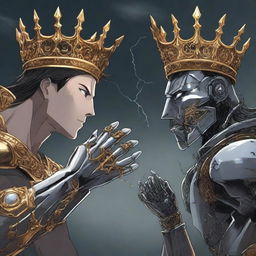 Two different hands, one human and one robotic, are shown fighting over an empty crown