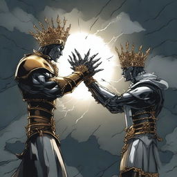 Two different hands, one human and one robotic, are shown fighting over an empty crown