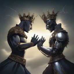 Two different hands, one human and one robotic, are shown fighting over an empty crown