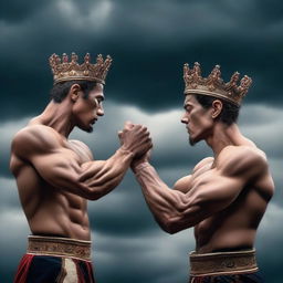 Two different hands, one strong and muscular while the other is slender and elegant, are fighting over an empty crown