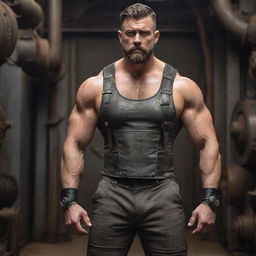 A burly, muscular man adorned in dieselpunk fashion; swirling with retro-futuristic elements, metallic textures, and a gritty, industrial aesthetic.