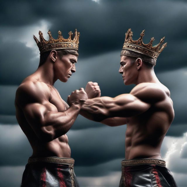 Two different hands, one strong and muscular while the other is slender and elegant, are fighting over an empty crown