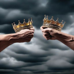 Two different hands, one strong and muscular while the other is slender and elegant, are fighting over an empty crown