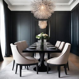 A modern dining room setup for an event planner featuring a sleek, rectangular black table and matching chairs