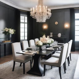 A modern dining room setup for an event planner featuring a sleek, rectangular black table and matching chairs