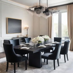 A modern dining room setup for an event planner featuring a sleek, rectangular black table and matching chairs