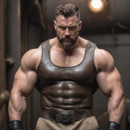 A burly, muscular man adorned in dieselpunk fashion; swirling with retro-futuristic elements, metallic textures, and a gritty, industrial aesthetic.