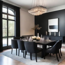 A modern dining room setup for an event planner featuring a sleek, rectangular black table and matching chairs