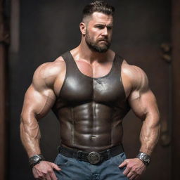 A burly, muscular man adorned in dieselpunk fashion; swirling with retro-futuristic elements, metallic textures, and a gritty, industrial aesthetic.