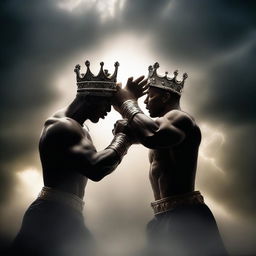 An intense scene with two different hands, one dark and one light, fiercely fighting over an empty crown