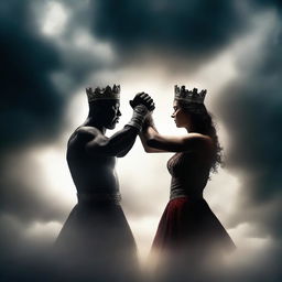 An intense scene with two different hands, one dark and one light, fiercely fighting over an empty crown
