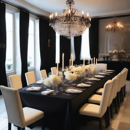 A beautifully decorated event dining room featuring a modern rectangular black table