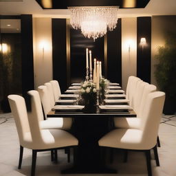 A beautifully decorated event dining room featuring a modern rectangular black table