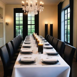 A beautifully decorated event dining room featuring a modern rectangular black table