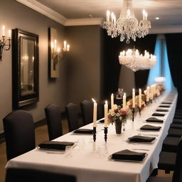 A beautifully decorated event dining room featuring a modern rectangular black table