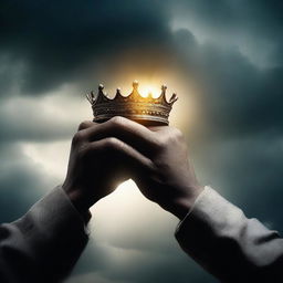 A powerful scene showing two different hands, one dark and one light, carefully picking up an empty crown