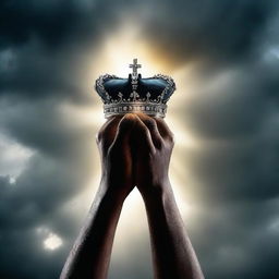 A powerful scene showing two different hands, one dark and one light, carefully picking up an empty crown