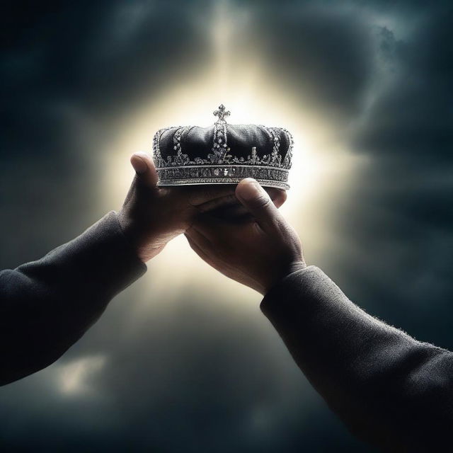 A powerful scene showing two different hands, one dark and one light, carefully picking up an empty crown