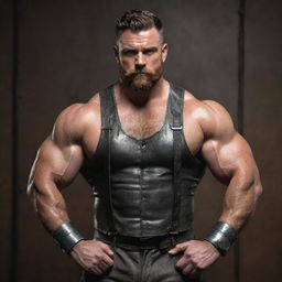 A burly, muscular man adorned in dieselpunk fashion; swirling with retro-futuristic elements, metallic textures, and a gritty, industrial aesthetic.