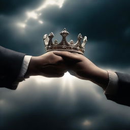 A powerful scene showing two different hands, one dark and one light, carefully picking up an empty crown