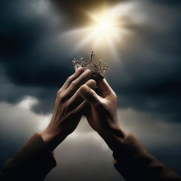 A compelling scene showing two different hands, one dark and one light, gently picking up an empty crown