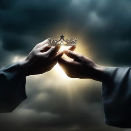 A compelling scene showing two different hands, one dark and one light, gently picking up an empty crown