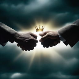 A striking scene of two different hands, one dark and one light, picking up an empty crown