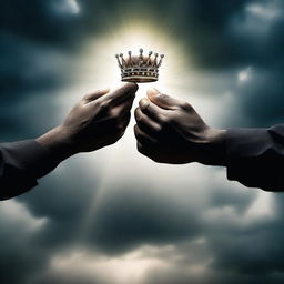 A striking scene of two different hands, one dark and one light, picking up an empty crown