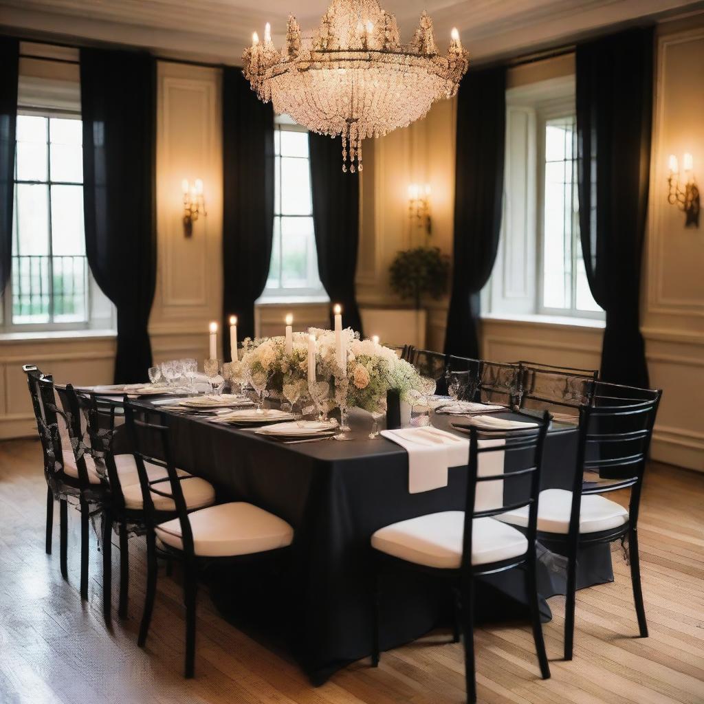 A beautifully decorated wedding event dinner room featuring a rectangular black table set for 6 persons