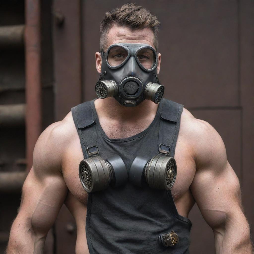 A burly, muscular man styled in gaspunk fashion incorporating elements of gas masks, industrial gears, and a dystopian theme.