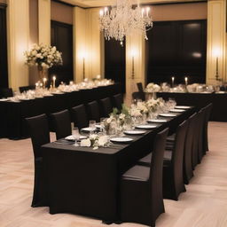 A beautifully decorated wedding event dinner room featuring a rectangular black table set for 6 persons