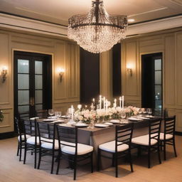 A beautifully decorated wedding event dinner room featuring a rectangular black table set for 6 persons