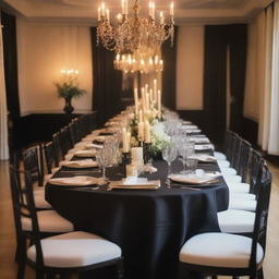 A beautifully decorated wedding event dinner room featuring a rectangular black table set for 6 persons