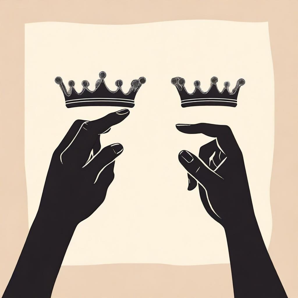 An illustration of two different hands pointing towards an empty crown