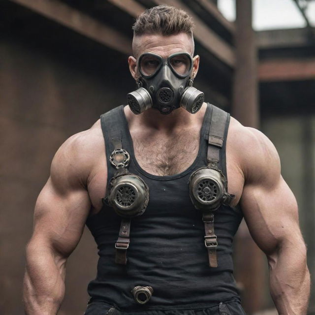 A burly, muscular man styled in gaspunk fashion incorporating elements of gas masks, industrial gears, and a dystopian theme.