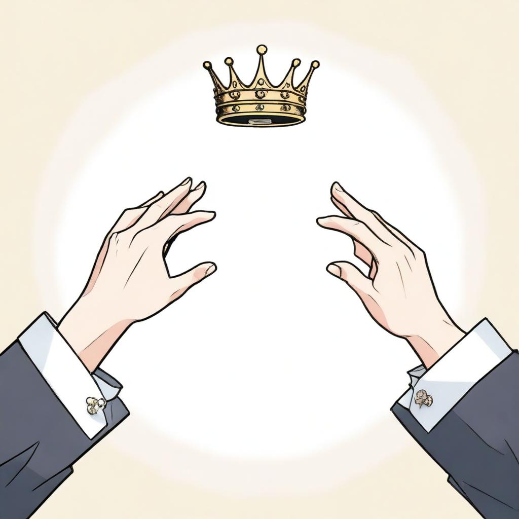 An illustration in Manhwa style showing two different hands pointing towards an empty crown