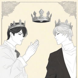 An illustration in Manhwa style showing two different hands pointing towards an empty crown